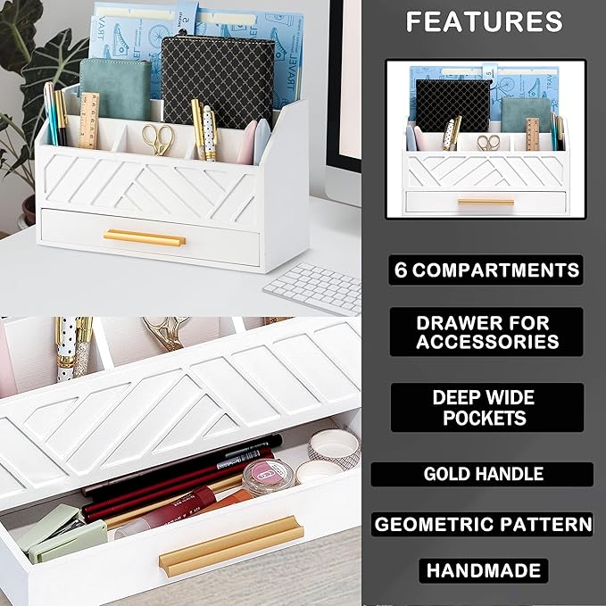 white Wood Desk Organizer and Accessories with Drawer, Bill Mail Organizer and File Mail Holder for Office Supplies, Modern Desk Accessories & Workspace Organizers for Desk Organization