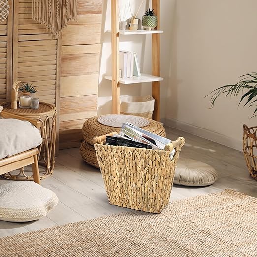 Wicker Waste Basket, Water Hyacinth Trash Can with Wooden Handles, Boho Handwoven Storage Container, Rustic Bathroom Garbage Bin, Decorative Magazine Holder for Home, Bedroom, Laundry, Office