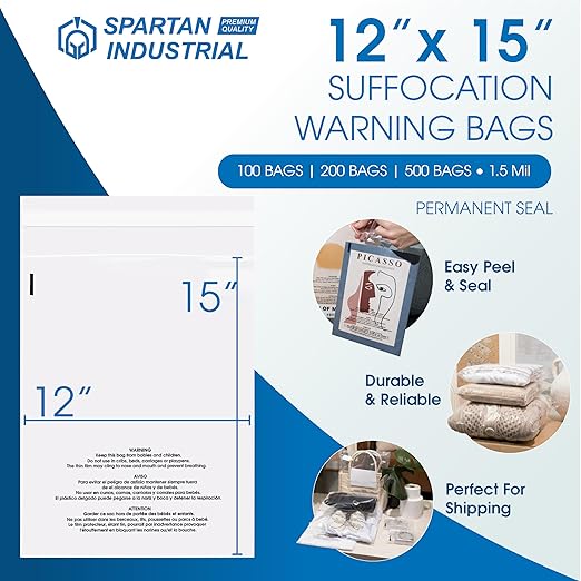 Spartan Industrial - 12” X 15” (100 Count) Self Seal Clear Poly Bags with Suffocation Warning for Packaging, T Shirts & Shipping - Permanent Adhesive
