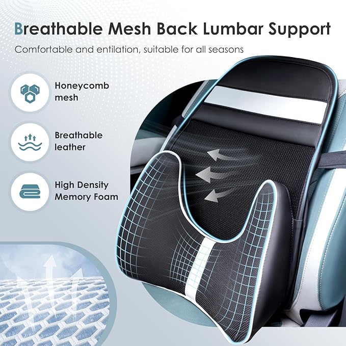 FLORICH Double Layer Breathable Mesh Lumbar Support Ergonomic Leather Lumbar Support Pillow with 3D Mesh Back Support and Adjustable Strap for CarSeat & Office Chair