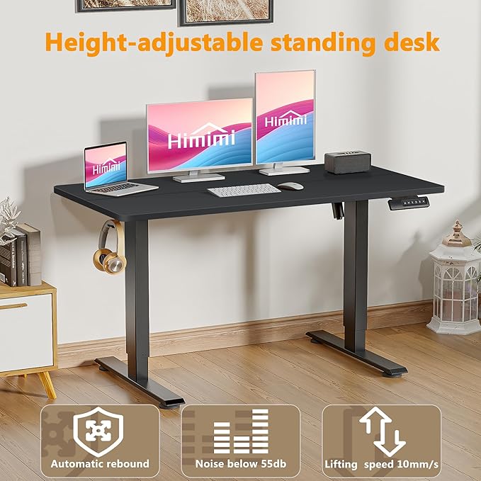 Himimi Electric Standing Desk 48 x 24 inch for Home Office,Sit-Stand Adjustable Desk with Memory Presets,Height Adjustable Desk for Gaming/Working,Free Hook, Lockable Wheels,Black