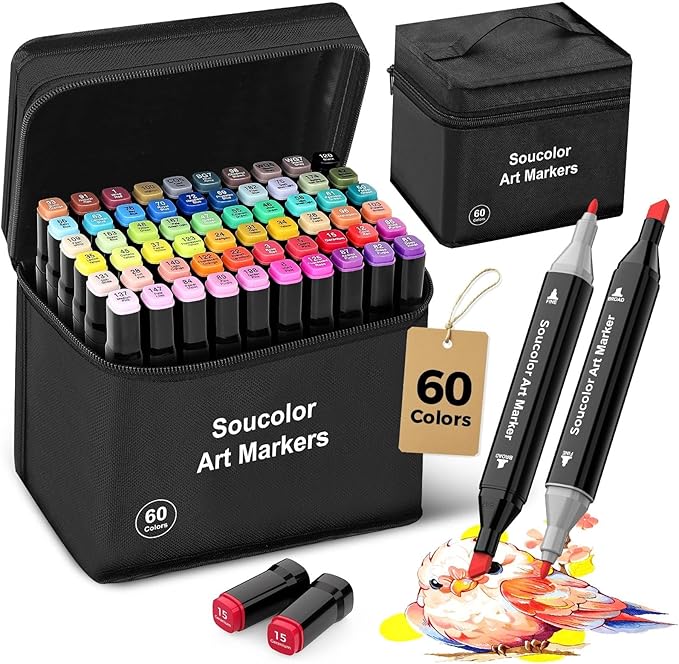 Soucolor Alcohol Markers 60 Colors with Case & Holders, Dual Tips Chisel & Fine Art Markers for Adult Coloring Kids Drawing, Artist Markers Art Supplies for Blending Sketching