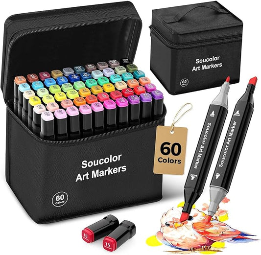 Soucolor Alcohol Markers 60 Colors with Case & Holders, Dual Tips Chisel & Fine Art Markers for Adult Coloring Kids Drawing, Artist Markers Art Supplies for Blending Sketching
