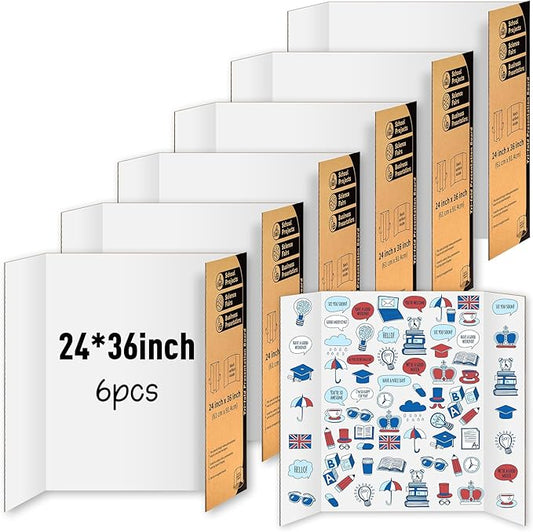 6 Pack Trifold Poster Board, IKAYAS 24" X 36" Single sided White Tri-fold Poster Boards, Science Fair Display Boards Posterboard Foamboard for Mounting, Art, Display, Projects Classroom Supplies