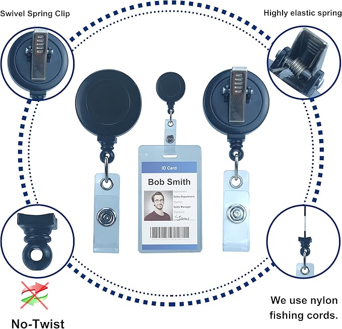 Badge Reels Retractable Badge Holder with Clip, Id Clips for Badges, Id Badge Reel, Retractable Id Badge Clip with Clear Vinyl Strap & Alligator Swivel, No Twist Dispenser (Black)