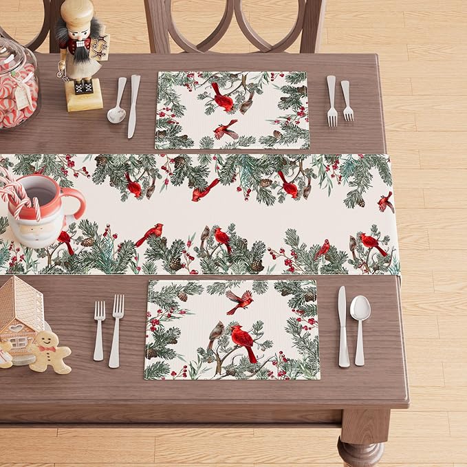 XCHI Cardinal Birds Winter Pine Tree Christmas Xmas Placemats Set of 6 Table Mats for Party Home Kitchen Dining Table Decorations 12x18 Inch