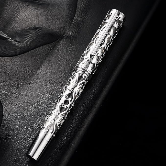 Hongdian D1 Piston Fountain Pen Fine Nib, Hollow Skeleton & Resin with Metal Case Set (Silver)