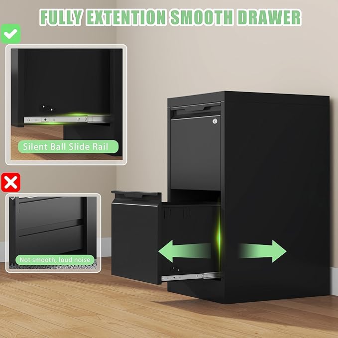 2-Drawer File Cabinet with Lock,Metal Vertical Filing Cabinets for Home Office,Under Desk File Cabinets for Letter/Legal/A4 Size Files,Easy Assemble,Black