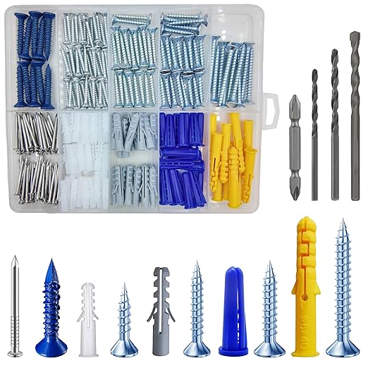 (274 pcs) Plastic Drywall Wall Anchors Kit with Screws， Concrete Screw kit Wall Anchor Set Suitable for Brick and Cement Walls