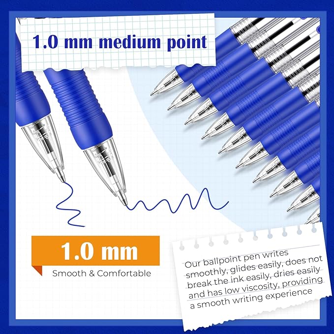 Fulmoon 100 Pcs Gel Ink Pens Retractable Ballpoint Medium Point 1.0 mm Ballpoint Smooth Writing Click Pens for Journal Writing Office Home(Blue Ink)