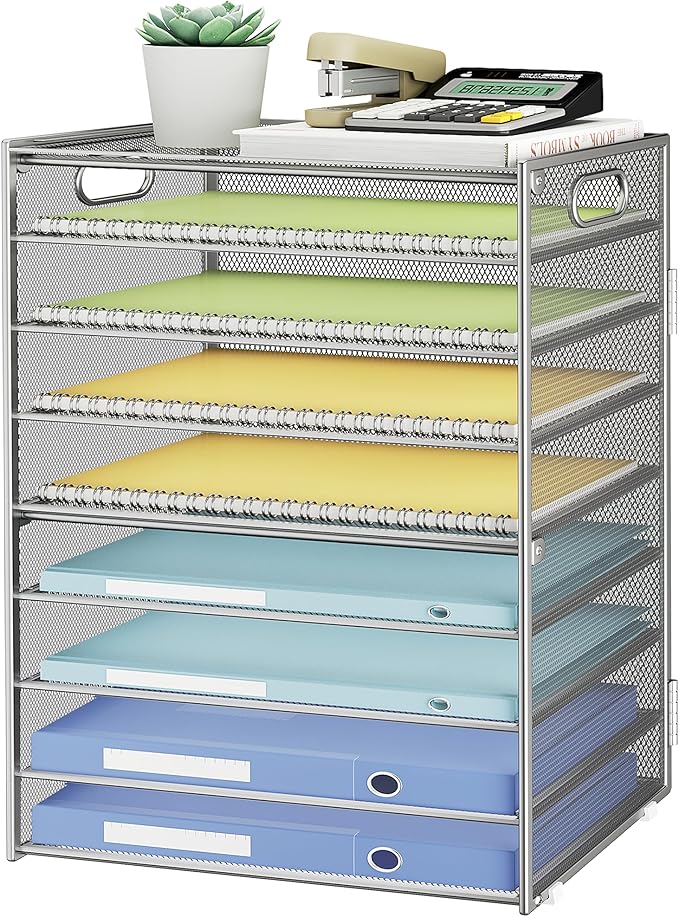 SUBEKYU 9 Tier Paper Organizer for Desk - Metal Mesh Letter Tray File Paper Sorter Organizer Include 6 Pcs Adjustable Height Slid Tray with Handles for Office School Home Organization Storage, Silver