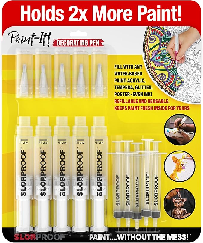 Slobproof Paint It! Decorating Pen, Refillable Paint Pens, Fine Tip, Home, Hobbies, Crafting, Scrapbooking, Fills with Chalk, Glitter, & Metallic Paints, Works on Wood, Fabric, Metal, Pack of 5