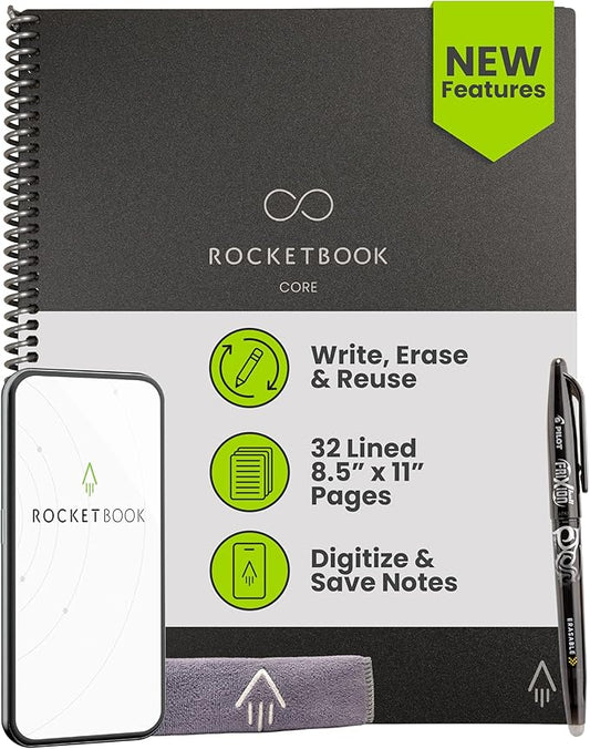 Rocketbook New Core Reusable Spiral Notebook, Letter Size 8.5x11, Black - Lined Pages, App-Connected, Erasable, Durable Cover, Ideal for School, Work, and Creative Projects