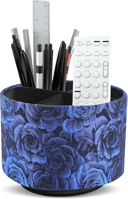 QIELIZI Round Leather Art Supply Organizer,Remote Control Holder,360 Degree Rotating,Multi-Functional Pencil Holder,4 Compartments Desktop Stationary Organizer(1-3D Rose Blue)