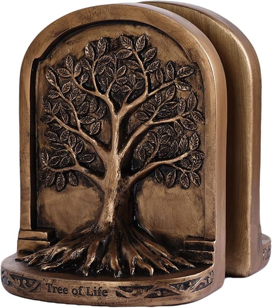 Vintage Bronze Finish Tree of Life Bookends Set, 2 Non-Skid Heavy Bookends for Shelves or Bookcase, Decorative Bookends for Desktop Shelf Decor, Library Office Decor, Home Décor Gift