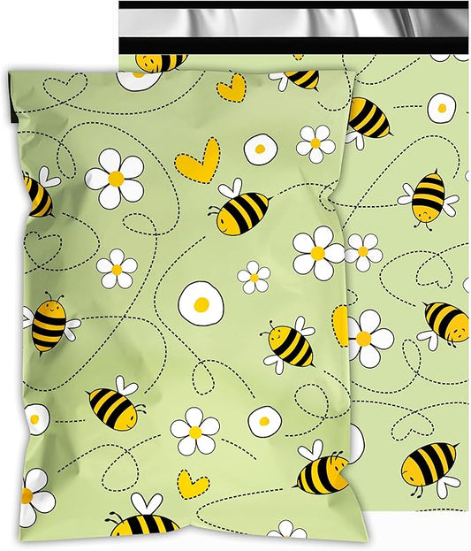 Poly Mailers 12x15.5 Inch 50 Pcs - Bee printed Shipping Bags, 2.4mil Thickness, Waterproof and Tear Resistant Mailing Envelopes, Self-Sealing Packaging Bags for Small Business