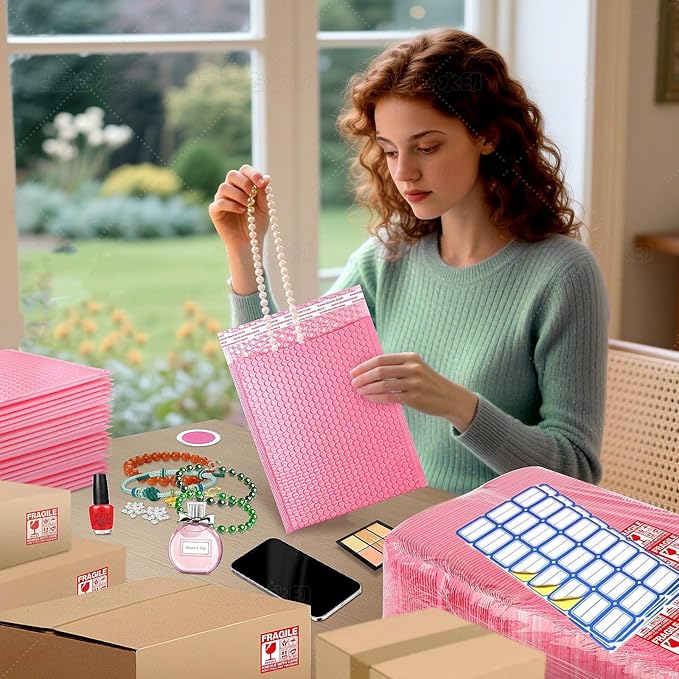 Bubble Mailers 4x10" 30 Pack and 24PCS Fragile Stickers Bright Pink Thick Waterproof Padded Poly Envelopes Small Bubble Wrap Mailers Self Seal Shipping Bag for Mailing Jewelry Makeup Small Business#0