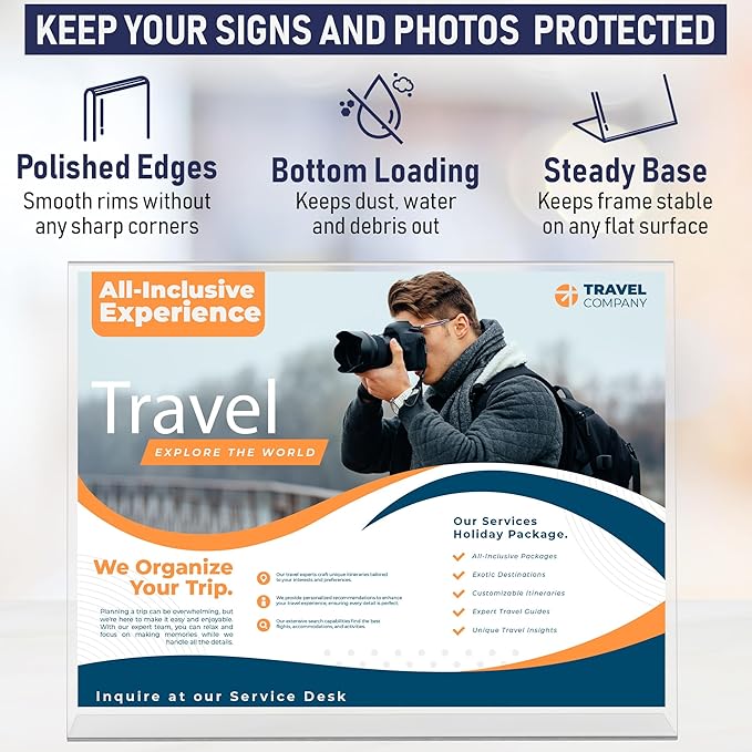 Slant Back Acrylic Sign Holder 11 x 8.5 Inches, 6-Pack Landscape Ad Frame, Flyer Display Stand. Menu and Table Sign Holder for Home, Office, Store, or Restaurant. Acrylic Stands for Paper and Signage