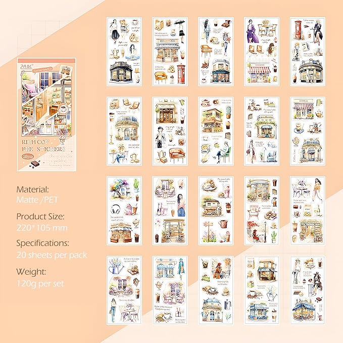 Snycler Coffee Corner Series Sticker Book - 20 Sheets Vintage PET Stickers for Scrapbooking, Junk Journaling, Ephemera, and Decorative Crafts - Pre-Cut Coffee Theme Stickers