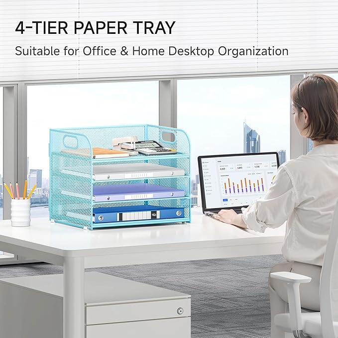 Lavatino 4-Tier Paper Organizer Trays - Blue Mesh File Folder Sorter with Handles, Desk Letter Holder Organizer for Office, Home, School Supplies Storage & Organization