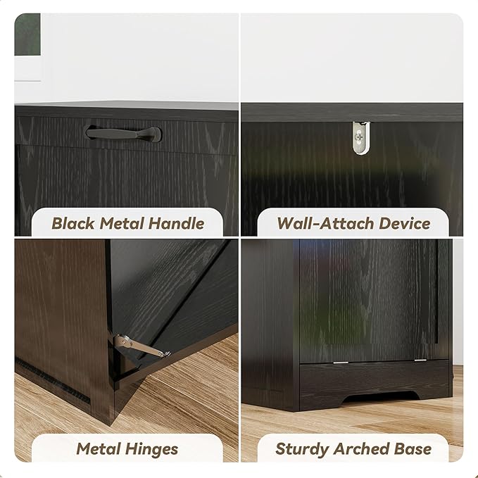 Tilt Out Kitchen Trash Can Cabinet, Pet Proof Wooden Kitchen Garbage Can with Lid, Hidden Laundry Basket Organizer, 10 Gallon Free Standing Bathroom Laundry Hamper Cabinet, Black