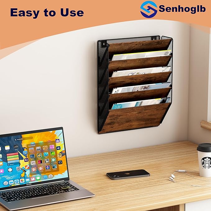 Metal Wall File Holder Organizer, 5-Tier Mesh Hanging Wall File Organizer, Magazine Rack With Pockets, Wood Document Holder for Office Home, Brown