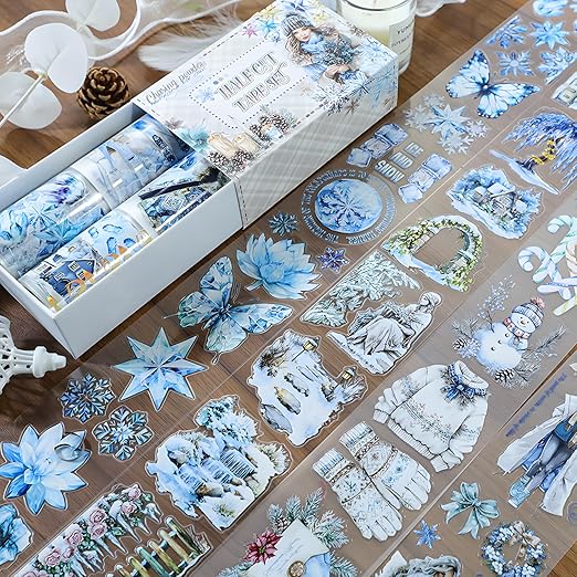 Snycler Pre-Cut Blue Snowflake Themed PET Washi Tapes - Vintage Aesthetic Tape Stickers for Journaling, Scrapbooking, Junk Journals, Crafts, Planners - 4 Rolls