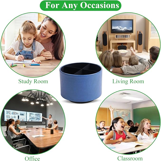 Hennaja Round Leather Art Supply Organizer,Remote Control Holder,360 Degree Spinning,Multi-Functional Pencil Holder,4 Compartments Desktop Stationary Organizer(1-Oil Blue2)