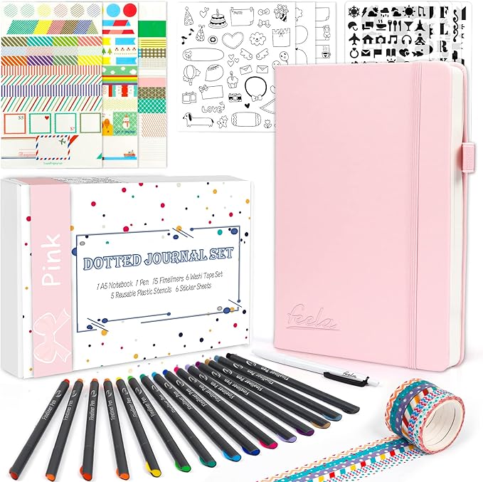 feela Dotted Journal Kit, Dot Grid Journal Hardcover Planner Notebook Set For Beginners Women Girls Note Taking with Journaling Supplies Stencils Stickers Pens Accessories, A5, 224 Pages, Pink