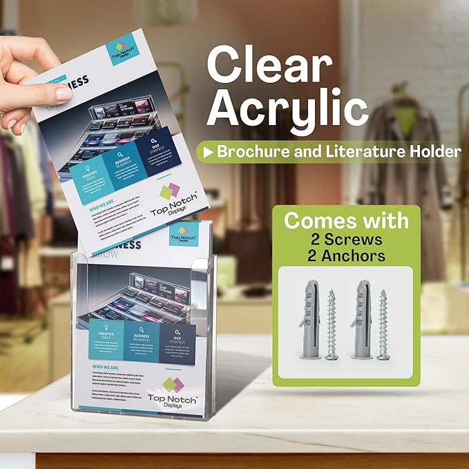 Acrylic Brochure Holder for Wall Mounting, Clear Display for 8.5" x 11" Flyers, Literature Holder for Magazines, Pamphlets, Menus, Includes Screws & Plastic Anchors – Pack of 2