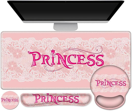DINKY Pink Mouse Pad with Wrist Rest, Desk Pad for Keyboard and Mouse, Ergonomic Mousepad Set, Keyboard Wrist Rest with Coaster, Desk Mat Combo for Office Home, Pink Princess