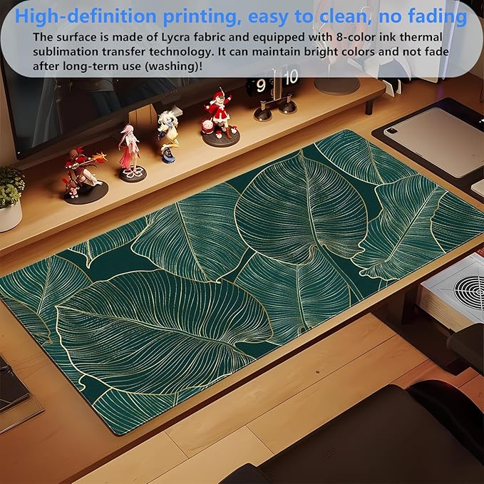 Green Desk Mat Monstera Palm Leaf Mouse Pad Large Gaming Mouse Pad XL Full Desk Mousepad Extended Keyboard Mat Big Long Mouse Mat Computer Laptop Desktop Mat Pad Desk Decor 31.5''X15.7''