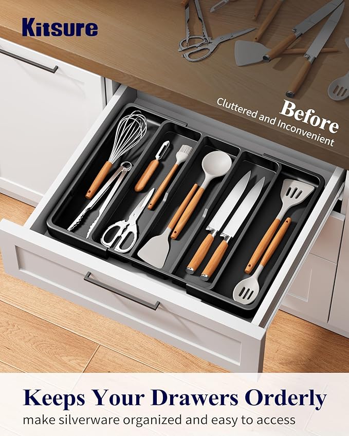 Kitsure Expandable Silverware Organizer – Large Utensil Drawer Kitchen Organization with 5 Compartments, Easy-Clean, Home & Apartment Essentials, Black, 13.6" x 1.4"x 11.0"~19.9"