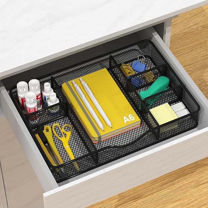 Desk Drawer Organizer Tray, Metal Mesh Drawer Organizer for Office & Home, 6 Adjustable Compartments, Black, 2 Pack - 12.87x8.73x1.96 inch