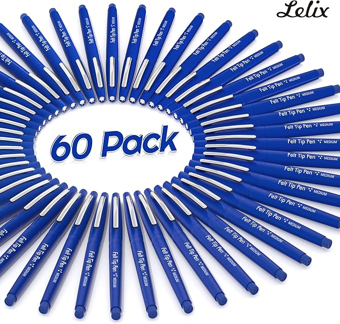 Lelix Felt Tip Pens - 60 Blue Pens, 0.7mm Medium Point, Perfect for Journaling, Writing, Note Taking, Planner, Art, Office & School Supplies