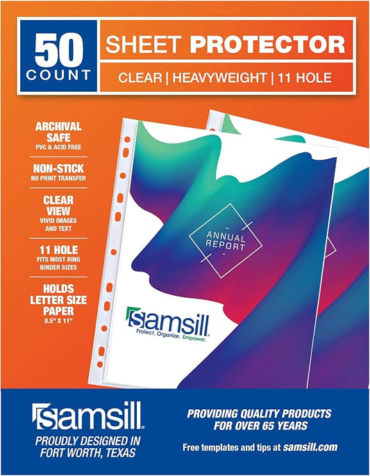 Samsill 50 Pack Standard Weight 11 Hole Clear Sheet Protectors, Acid Free Archival Safe, 8.5 x 11 inches, Top Loading