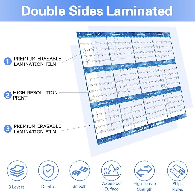 24" x 36" 2026 Wall Calendar Erasable Starry Sky, Wet & Dry Erase Large Laminated Annual Yearly Planner - 12 Month Horizontal/Vertical Calendar January to December for Easy Planning, Organizing