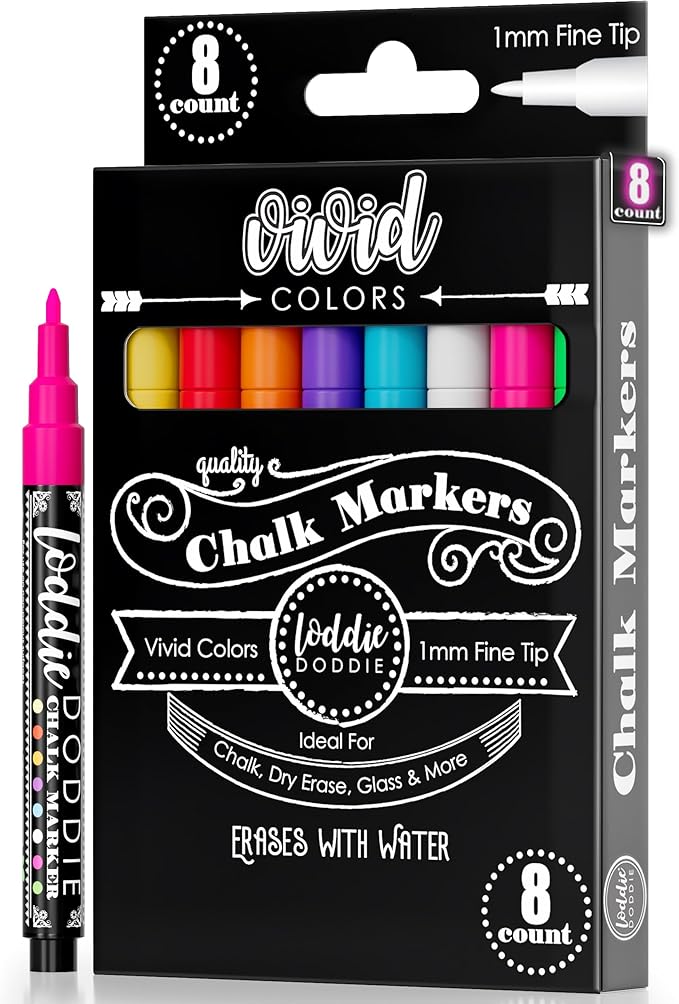 Loddie Doddie Fine Tip Liquid Chalk Markers - Pack of 8 1mm Neon Colors - Erasable Low-Odor Dry Erase Chalk Markers for Chalkboard, Blackboard & Glass