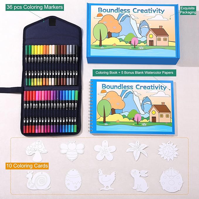 Easy Creative Coloring Book Set for Kids & Adults with 30 Patterns, 36 Color Markers, 10 Hangable Coloring Cards & 5 Premium Blank Watercolor Papers - Arts and Crafts Gift for Relaxation
