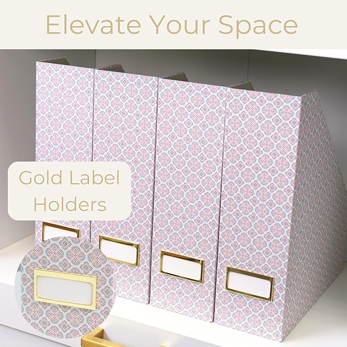 BLU MONACO Foldable Magazine File Holder Set of 4 with Moroccan Tile Design – Decorative Cardboard Magazine Organizer for Home, Office & Dorm Room – Stylish Magazine Storage Solution
