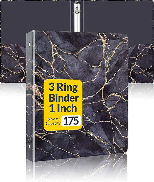 SUNEE 3 Ring Binder, 1 Inch, Cute Binder with 2 Pockets, Decorative Black Marble Heavy Duty (Fit 8.5x11 Inches) for School & Office