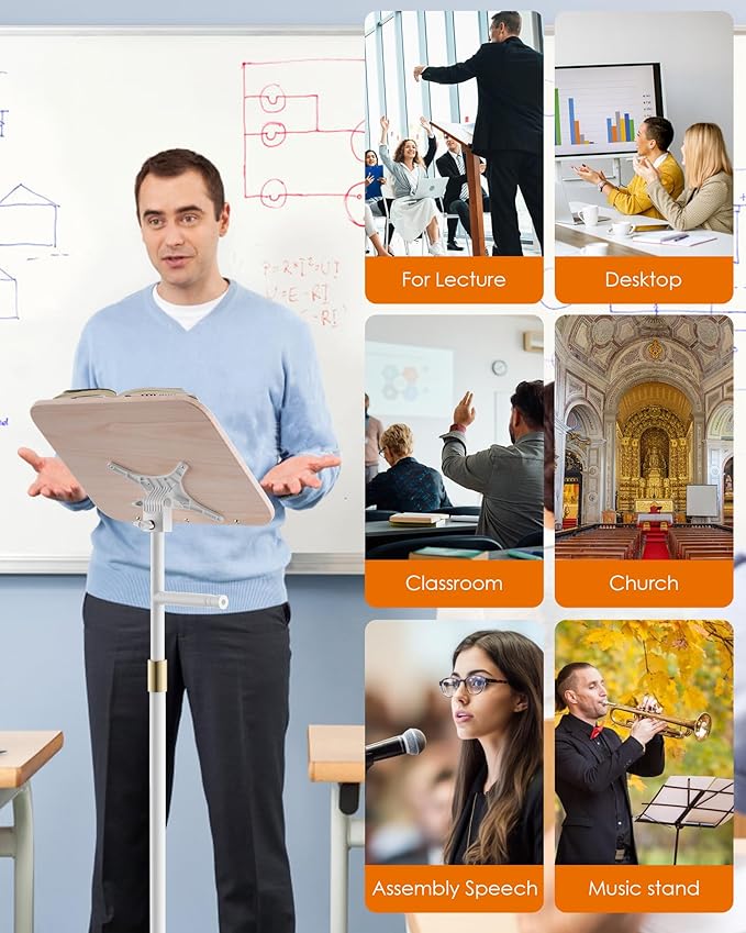 2 in 1 Dual-use Floor Book Stand & Desktop Book Stand,Height Adjustable from 33-63in, Adjustable Book Holder with Elastic Page Clips for Music Scores, Recipe, Tablet, Laptop(White)