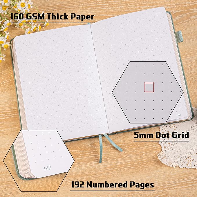 TIEFOSSI Bullet Dotted Journal Notebook, 160gsm 256 Numbered Thick Paper, A5 Hardcover Dotted Grid Diary for Women Men Work Writing, Bullet dot Journaling, Drawing, 5.8 x 8.3 in