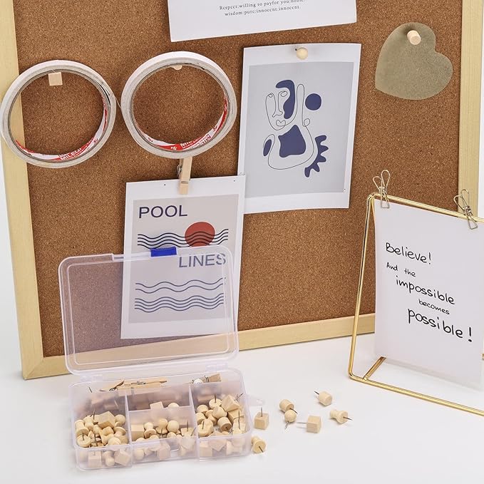 102 Pcs Wood Push Pins 6 Sizes Thumb Tacks for Wall Hangings Corkboard Office or Home