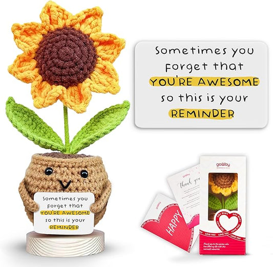 Gossby Inspirational Gift for Women - Handmade Positive Sunflower Crochet - Sometimes You Forget You're Awesome - Christmas, Birthday, Appreciation Thank You Gift for Coworker, Sister Friend, Teacher