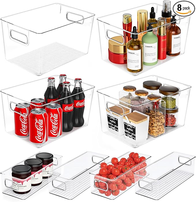 Clear Plastic Storage Bins 8 Pack - Pantry Organizers and Storage, Fridge Organizer Containers for Kitchen, Cabinet, Freezer, Bathroom, Clost, Home Organization