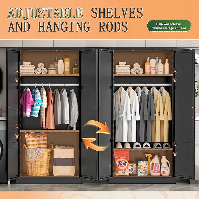 Greenvelly Metal Wardrobe Cabinet, 72" Black Armoire Metal Wardrobe Closet for Hanging Clothes with Wooden Handle, Modern Clothes Cabinet for Home, Office,Bedroom, School,Gym