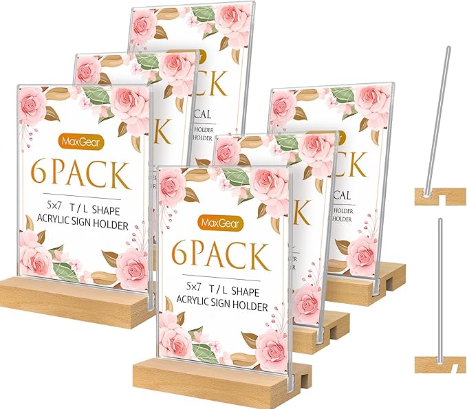 MaxGear L/T Shape Acrylic Sign Holder, 5 X 7 Clear Table Display Stand with Wooden Base, Flyer Menu Holder Photo Frames Paper Stand for Office, Wedding, Restaurants, Hotels 6 Pack