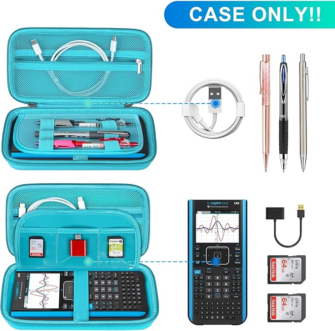 BOVKE Graphing Calculator Carrying Case for Texas Instruments TI-Nspire CX II CAS/CX II/CX/CX CAS Calculator and More - Mesh Pocket for USB Cables and Other School Supplies, Turquoise