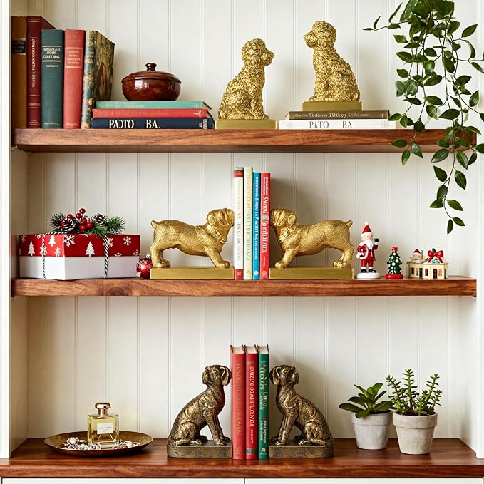 Decorative Bookends for Shelves, Dog Book Ends for Heavy Books, Bulldog Statues Bookends for Heavy Books with Anti-Slip Base Book Holders for Home Office Decor (Gold)